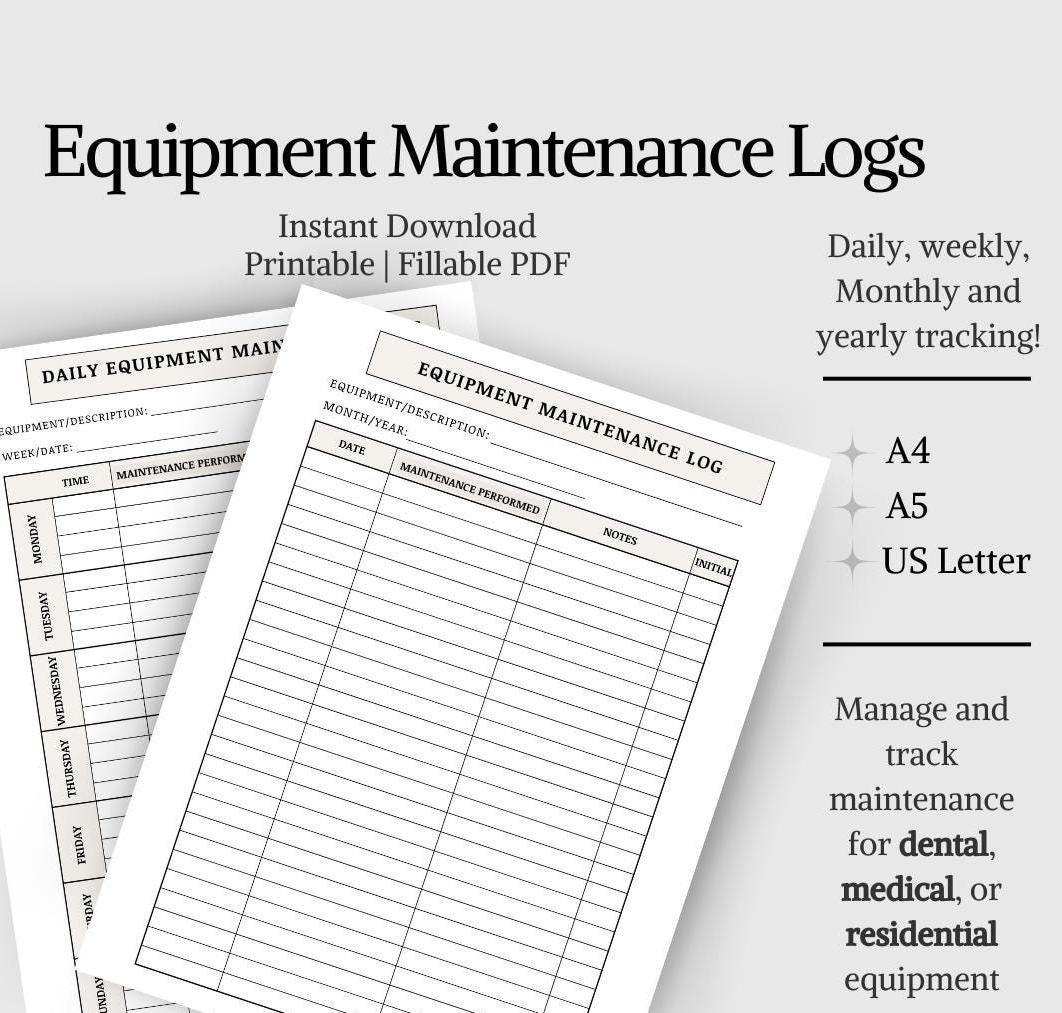 Daily, Weekly, Monthly Equipment Maintenance Logs | Dental & Medical Office | Printable + Fillable PDF US Letter, A4, A5 | 3D Printer, Home - Etsy daily-weekly-monthly-equipment-maintenance-logs-dental-medical-office-printable-fillable-pdf-us-letter-a4-a5-3d-printer-home-etsy