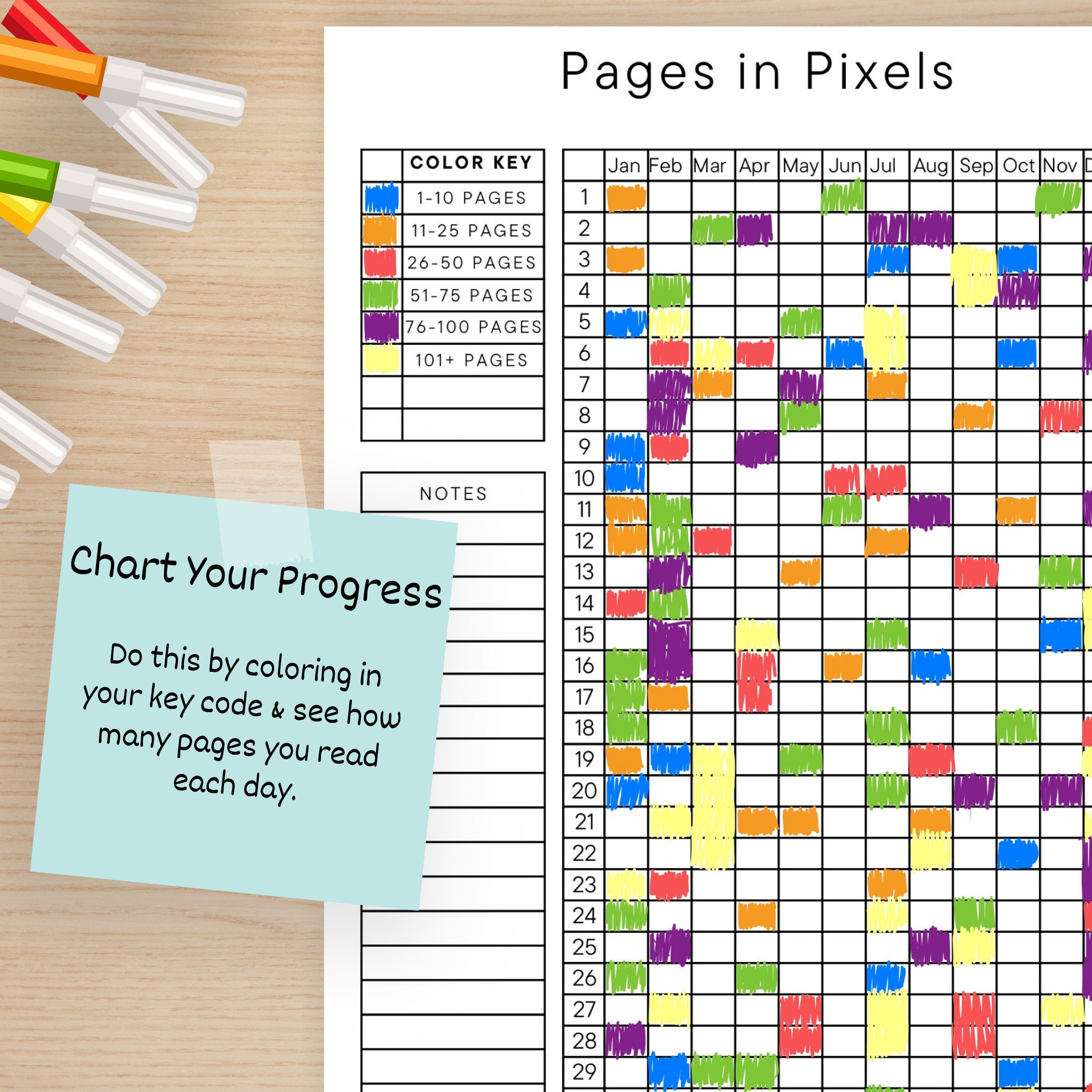 Year in Pixels Reading Tracker | Daily & Monthly | Printable A4, Letter ...