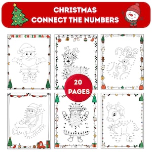 Könnte beinhalten: Ein weihnachtliches Aktivitätsbuch mit dem Text "CHRISTMAS CONNECT THE NUMBERS". Das Buch enthält Punkt-zu-Punkt-Rätsel von Weihnachtsmann, Rentieren, Schneemann und anderen Weihnachtsfiguren. Das Cover zeigt einen Weihnachtsbaum und einen Schneemann.