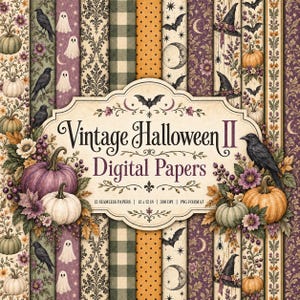 Könnte beinhalten: Eine Sammlung von zwölf nahtlosen digitalen Papieren mit Vintage-Halloween-Motiven wie Kürbissen, Krähen, Geistern, Fledermäusen, Monden und Hexenhüten in Lila-, Orange- und Cremetönen, mit dem Text Vintage Halloween II Digital Papers.