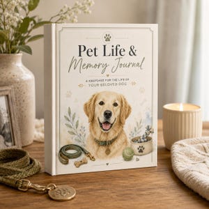 Könnte beinhalten: Ein Pet Life & Memory Journal mit festem Einband in Cremefarben, illustriert mit einem Golden Retriever, einer grünen Leine, einem knochenförmigen Leckerli, einem Tennisball und einem Napf. Der Text lautet Pet Life & Memory Journal A KEEPSAKE FOR THE LIFE OF YOUR BELOVED DOG.