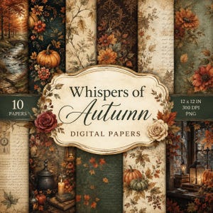Puede incluir: Una colección de 10 papeles digitales titulados Whispers of Autumn, con diseños de 30,48 x 30,48 cm con temas otoñales que incluyen calabazas, girasoles, hojas, escritura antigua, linternas y paisajes rústicos en tonos cálidos de otoño.