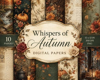 Op de afbeelding: Een collectie van 10 digitale papieren genaamd Whispers of Autumn, met 30,48 x 30,48 cm ontwerpen met herfstthema's zoals pompoenen, zonnebloemen, bladeren, vintage schrift, lantaarns en rustieke landschappen in warme herfsttinten.