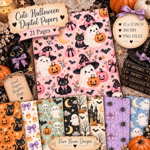 May include: A collection of digital papers featuring Halloween themes including ghosts in witch hats, black cats, pumpkins, bats, and skeletons. The set includes 21 pages, 12 x 12 inch dimensions, 300 DPI resolution, and PNG file formats.