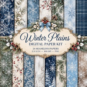Puede incluir: Un kit de papel digital titulado Winter Plains que incluye 24 papeles sin costuras en formato de 30,48 x 30,48 cm a 300 DPI. El diseño muestra varios patrones invernales que incluyen copos de nieve, ramas de pino, bayas y texturas de madera.