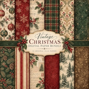 May include: A digital paper bundle featuring twelve 12x12 inch sheets with vintage Christmas patterns including ornaments, snowflakes, sheet music, holly, plaid, damask, pine trees, and script text, centered with a Vintage Christmas label.