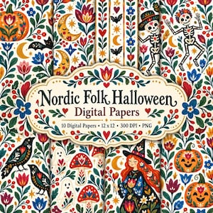 Peut inclure: Une collection de papiers numériques présentant des motifs d'art populaire nordique avec des thèmes d'Halloween incluant citrouilles, squelettes, fantômes, chauves-souris, lunes, champignons et une sorcière. L'étiquette centrale indique Nordic Folk Halloween Digital Papers 10 Digital Papers 12 x 12 300 DPI PNG.