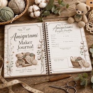 May include: A spiral-bound Amigurumi Maker Journal with a project profile page, featuring illustrations of a teddy bear, yarn balls, and cotton stems. The journal includes text fields for project details, notes, and inspiration, alongside a crochet hook.