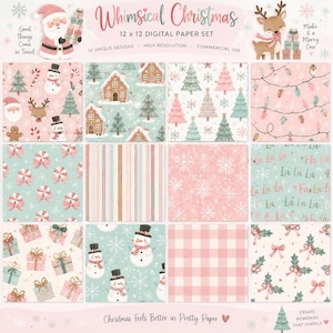 Puede incluir: Un conjunto de papel digital titulado Whimsical Christmas que presenta 12 patrones únicos con temas navideños que incluyen a Santa Claus, muñecos de nieve, renos, casas de jengibre, árboles de Navidad, regalos, bastones de caramelo, copos de nieve y acebo en rosa, verde y blanco.
