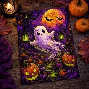 May include: A rectangular print featuring a central white ghost floating above a pumpkin patch. The scene includes a large yellow moon, flying bats, and two glowing lanterns against a vibrant purple and black background with splattered paint.