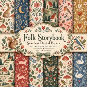 Könnte beinhalten: Eine Sammlung nahtloser digitaler Papiere mit dem Titel Folk Storybook, die Aquarellillustrationen von Kaninchen, Eichhörnchen, Vögeln, Schwänen, Pilzen, Häusern und Blumenmustern in verschiedenen Farben wie Blau, Rot und Gold zeigt.