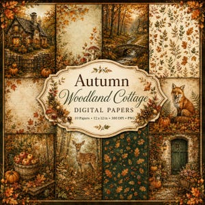Puede incluir: Una colección de papeles digitales Autumn Woodland Cottage con diez diseños de 30,5 x 30,5 cm. Las imágenes incluyen una cabaña de piedra, un arroyo forestal con puente, un zorro, un ciervo, calabazas, manzanas y patrones de hojas otoñales.
