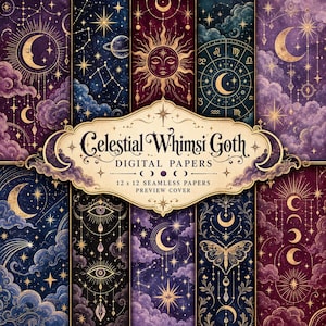 Puede incluir: Una colección de papeles digitales con motivos celestiales que incluyen lunas, soles, estrellas, ruedas del zodiaco, ojos y mariposas en tonos morado, dorado y azul oscuro. La etiqueta central dice Celestial Whimsi Goth Digital Papers.