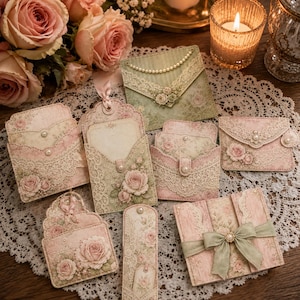 Könnte beinhalten: Eine Sammlung von Papier-Schreibwaren, darunter Umschläge, Anhänger und Karten mit Rosenmustern, cremefarbener Spitzenborte, Kunstperlenverzierungen sowie zarten Rosa- und Salbeigrüntönen, angeordnet auf einer weißen Spitzendeckchen.