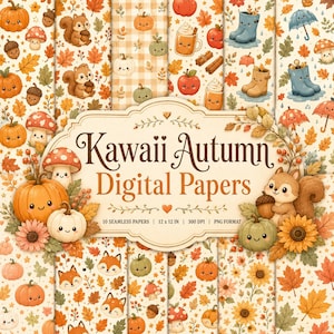 Kawaii höst digitalt papperspaket – 10 utskrivbara 12 x 12-mönster