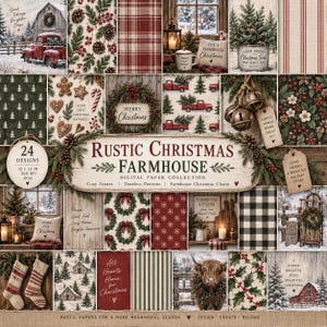 May include: A digital paper collection titled Rustic Christmas Farmhouse featuring 24 designs. The collage displays patterns of red trucks, pine trees, gingerbread cookies, plaid, buffalo check, holly, and a Highland cow, with text accents.