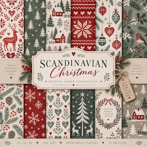 Pode incluir: Uma coleção de papel digital com doze padrões festivos nas cores vermelho, verde e creme. Os designs incluem renas, pinheiros, casas, flocos de neve, corações e ornamentos. Uma etiqueta central diz SCANDINAVIAN Christmas DIGITAL PAPER COLLECTION.