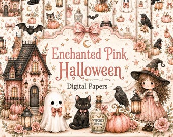 Enchanted Pink Halloween Digital Papers – Pastel Spooky Scrapbook Sheets (10 Designs)
