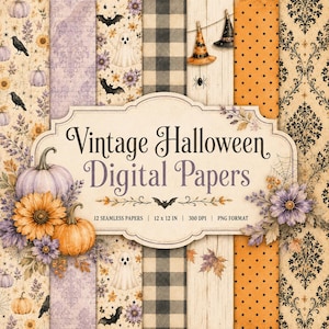 May include: A collection of digital papers featuring vintage Halloween patterns including pumpkins, ghosts, bats, black crows, witch hats, buffalo plaid, polka dots, and damask prints, with a central label reading Vintage Halloween Digital Papers.