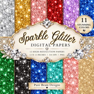 Può includere: Una collezione di 11 carte digitali glitterate in vari colori tra cui argento, oro, rosso, blu, verde e rosa. L'etichetta centrale riporta Sparkle Glitter DIGITAL PAPERS, 12 HIGH-RESOLUTION PAPERS, 30,48 X 30,48 CM, 300 DPI, PNG, Pure Beam Designs.