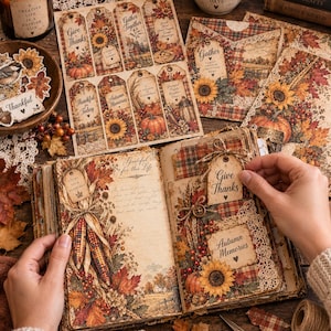 Thanksgiving-skräpjournalkit | Utskrivbara höstjournalsidor, bakgrundsbilder, etiketter, klistermärken, fickor och kuvert |