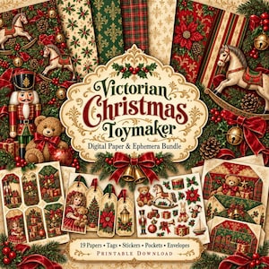 May include: A Victorian Christmas Toymaker digital paper and ephemera bundle featuring nutcrackers, teddy bears, rocking horses, and poinsettias. The collection includes printable tags, stickers, pockets, and envelopes with red, green, and gold accents.