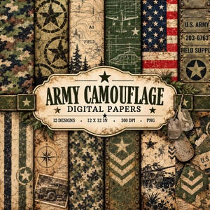 May include: A collection of 12 digital papers featuring military-themed designs including camouflage patterns, stars, topographic maps, aircraft, the American flag, tanks, and dog tags with text reading ARMY CAMOUFLAGE DIGITAL PAPERS 12 DESIGNS 12 X 12 IN 300 DPI PNG.