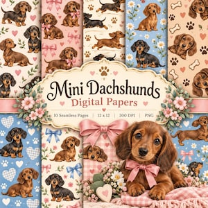 Puede incluir: Una colección de papel digital con ilustraciones de perros salchicha, lazos rosas, corazones y flores. La etiqueta central dice Mini Dachshunds Digital Papers, 10 Seamless Pages, 12 x 12, 300 DPI, PNG, con un perro salchicha grande al frente.