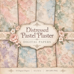 May include: A collection of digital papers featuring distressed pastel plaster textures in shades of pink, blue, and green, accented with floral illustrations and a central label reading Distressed Pastel Plaster Digital Papers.