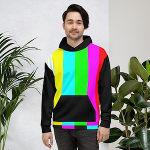 May include: A black hoodie with a colorful vertical bar pattern. The design features stripes of white, yellow, cyan, green, magenta, and red. The hoodie has a black hood and a front pocket.