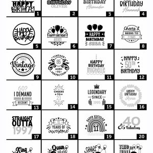 May include: A grid of twenty-four black and white graphic designs featuring various birthday and celebratory themes with text such as Happy Birthday, Vintage, Cheers to 21, Legendary Since 1995, Straight Outta 1997, and bowling motifs numbered one through twenty-four.