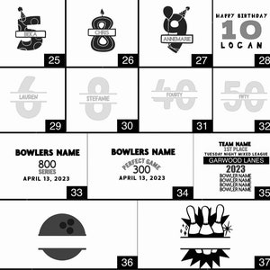 May include: A grid of black and white graphic designs featuring numbered birthday themes with names like Beka, Chris, and Annemarie, bowling-themed text including Bowlers Name, 800 Series, 300 Perfect Game, and Garwood Lanes 2023, plus bowling ball and pin icons.