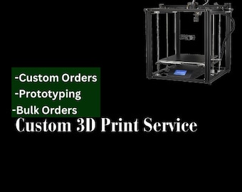 May include: A black 3D printer with a clear plastic enclosure. The printer is on a black surface. The text "Custom 3D Print Service" is below the printer. The text "Custom Orders", "Prototyping", and "Bulk Orders" is on the left side of the image.