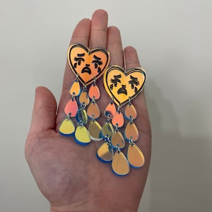 Iridescent Crying Heart Tattoo Style Drop Earrings