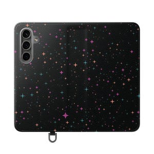 Celestial Moon & Star Flip Phone Case — Galaxy Black Folio Cover