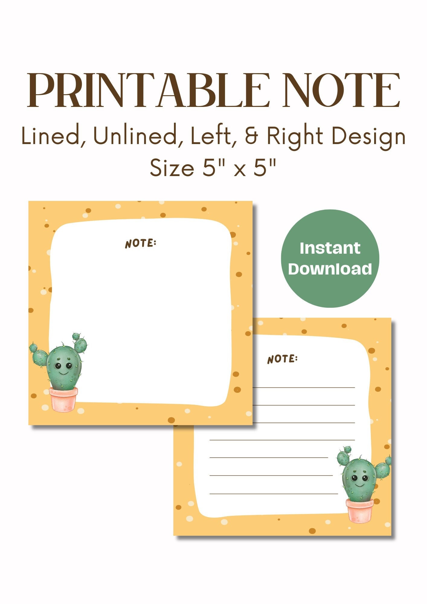 Kaktus Digital druckbares 5x5 Notizblatt, Sofort Download, liniert und unliniert, links und rechts Design