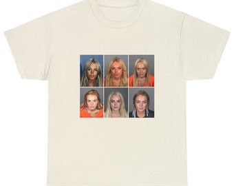 Lindsay Lohan Mugshot Collage Tshirt, T-shirt comica, Hollywood, Retro Y2K Drip, Camicia da film, Camicia da fan Meme divertente. La caduta di Lindsay Lohan.