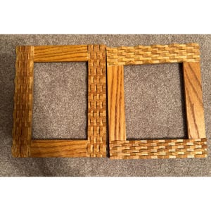 May include: Two rectangular wooden picture frames with a natural light brown wood grain. The left frame features a vertical textured pattern on the sides, while the right frame displays a horizontal textured pattern on the top and bottom edges.