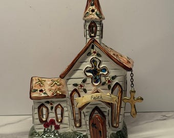 Blue Sky Clayworks Faith Church House  hanging cross Tealight Luminary 2009