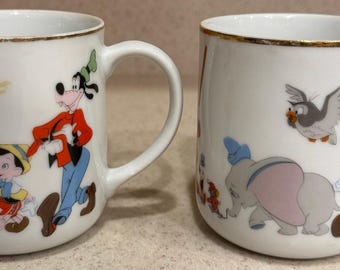 Walt Disney Vintage Porcelain Mugs Gold Trim Disneyland Made in