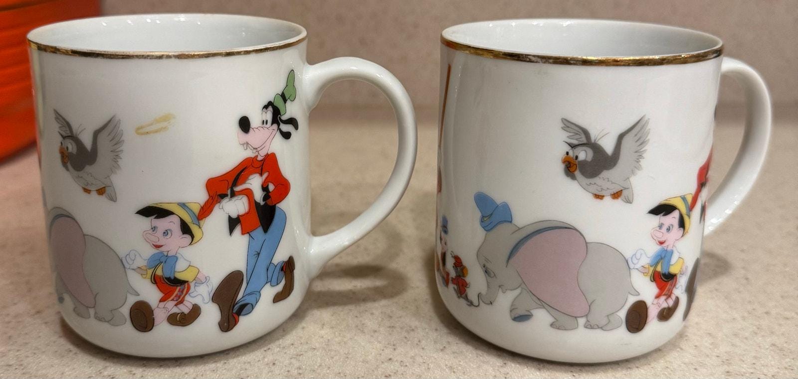 Walt Disney Vintage Porcelain Mugs Gold Trim Disneyland Made in