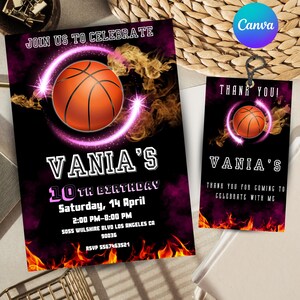 Faire-part de basket-ball pour fille carte d'anniversaire de basket-ball modifiable pour fille modèle numérique personnalisable en toile faire-part de basket-ball noir