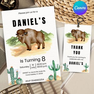 Bison Geburtstagseinladung personalisierbar digitale Bison Geburtstagskarte Bison Themen Geburtstag für Kinder druckbare Einladung bearbeitbar in Canva