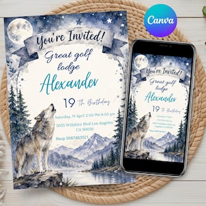 May include: An invitation design featuring a watercolor illustration of a howling wolf, mountains, and a full moon. The text reads "You're Invited! Great golf lodge Alexander 19th Birthday". A smartphone displays the same design.