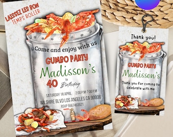 May include: A colourful invitation for a 40th birthday party with a Gumbo theme. The invitation features a red and white pot with crawfish, corn, and other ingredients. The text on the invitation reads "Come and enjoy with us Gumbo Party Madisson's 40th Birthday Saturday 14 April 2:00 PM-7:00 PM Wilshire Blvd Los Angeles CA 90036 RSVP 5567463521".