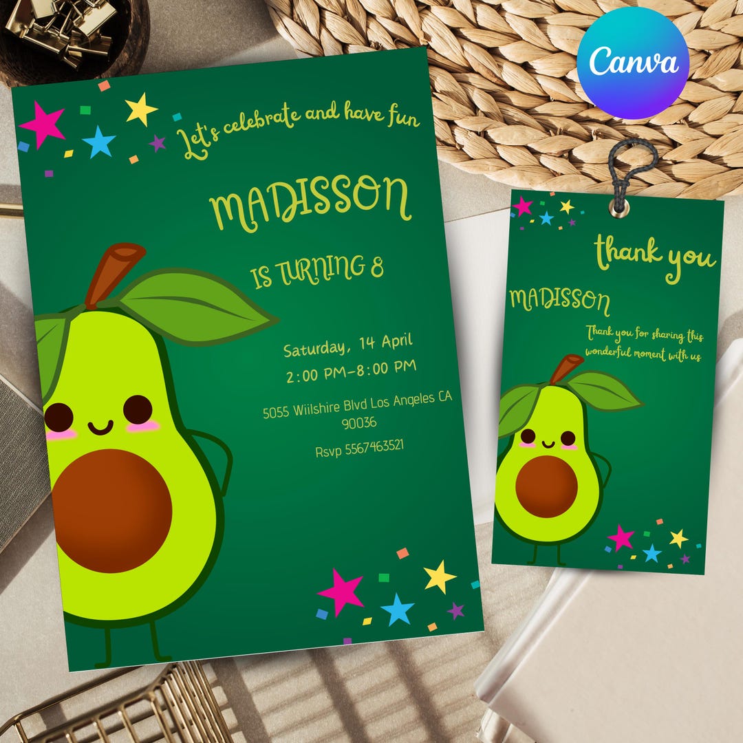Avocado Birthday Invitation Editable Avocado Birthday Card Minimalist ...