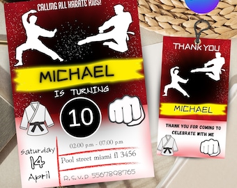 Puede incluir: Una invitación de cumpleaños de temática de karate roja y amarilla para un niño de 10 años llamado Michael. La invitación presenta una silueta de un niño de karate en una pose de lucha y el texto "¡Llamando a todos los niños de karate!" La invitación incluye la fecha, la hora y la ubicación de la fiesta. La invitación también incluye una pequeña etiqueta de agradecimiento con el texto "Gracias por venir a celebrar conmigo".