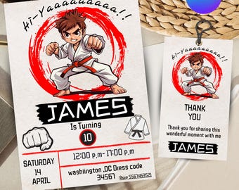 Puede incluir: Una invitación de cumpleaños de karate roja y blanca con una ilustración de dibujos animados de un niño con un uniforme de karate blanco y un cinturón rojo. La invitación dice "Hi-Yaaaaaaaaa!!" y "James cumple 10 años". La invitación también incluye la fecha, la hora, la ubicación y el código de vestimenta.