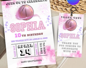 May include: Pink and white basketball-themed birthday invitation with a pink basketball, glitter, and the text "Join us to celebrate Sophia 10th Birthday" and "Game Day April 14 Game Time 2:00 PM 8:00 PM RSVP 555-444-5555". A matching thank you tag with the text "Thank You for coming to celebrate with me" is also included.