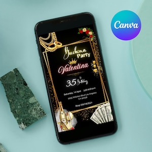 Puede incluir: Una invitación digital en negro y dorado para una fiesta de cumpleaños número 35. La invitación presenta una corona, cadenas doradas y una botella de champán con una copa. El texto de la invitación dice "Guchona Party Valentina 35th Birthday" e incluye la fecha, la hora y la ubicación de la fiesta.